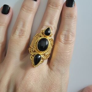 10kt Gold SS and Onyx Filigree Ring